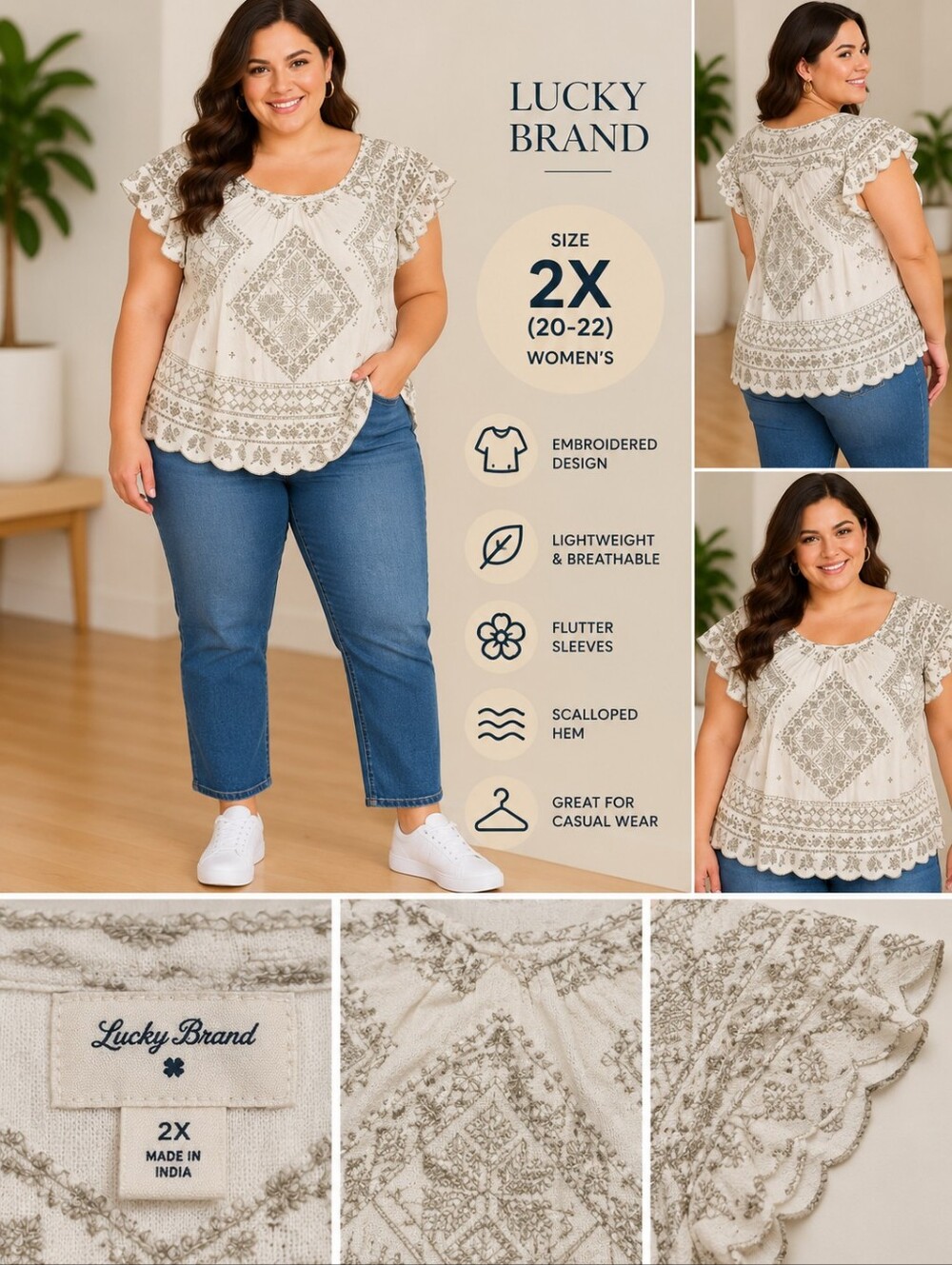 Lucky Brand women's 2X white embroidery blouse #38